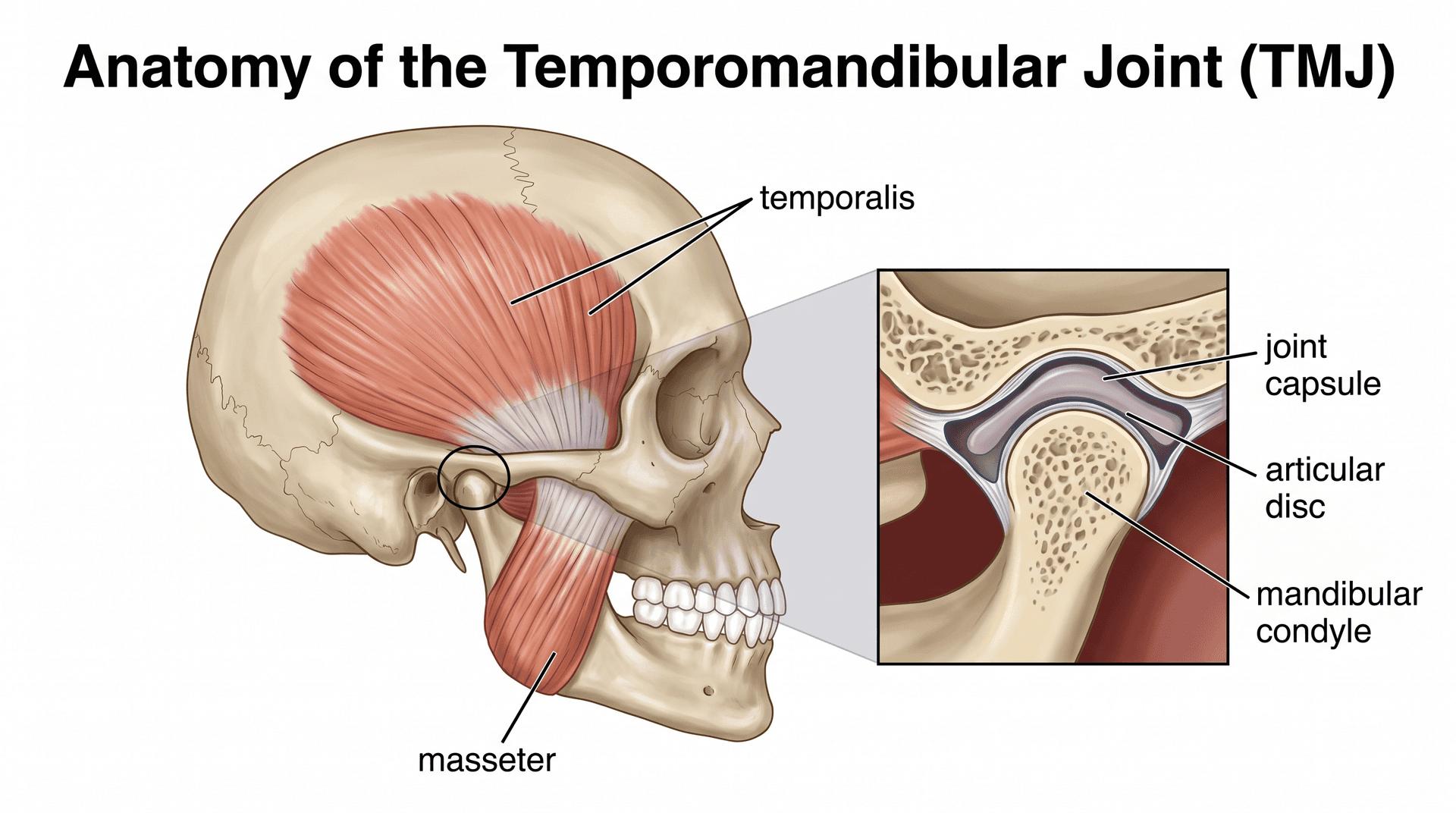 Anatomical illustration of the temporomandibular joint with labeled structures: joint capsule, articular disc, mandibular condyle, masseter, and temporalis muscles