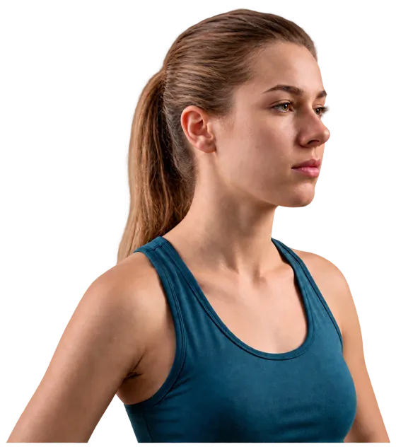A woman seen from the side, with the head, jaw and neck muscles that can be highlighted